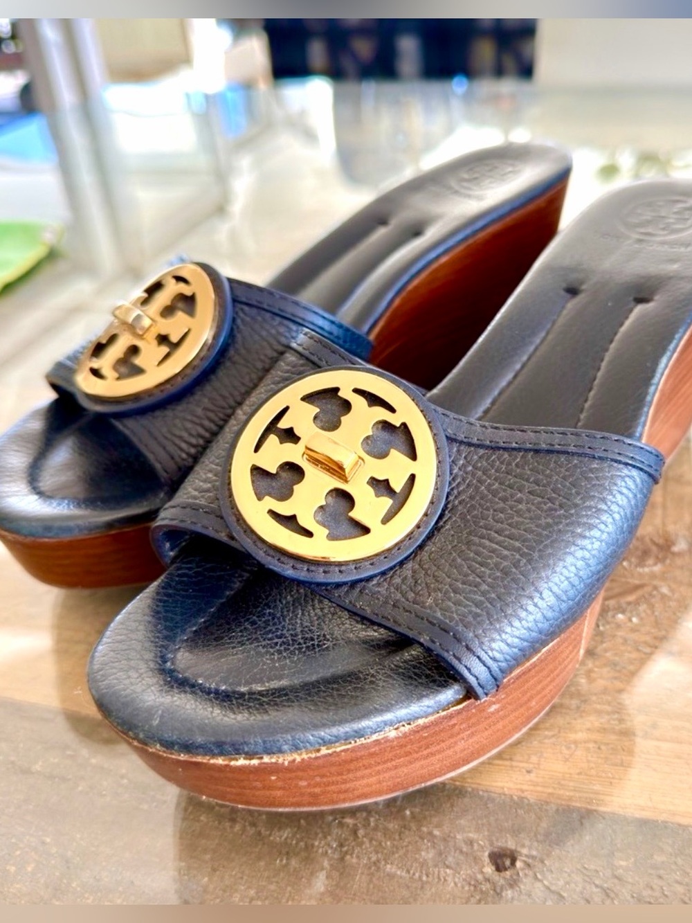 Tory Burch Navy blue Leather Clogs with Gold Logo